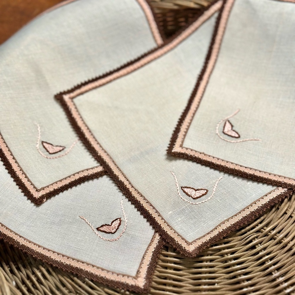 Vintage Embroidered Linen Napkins with Sweet Hearts